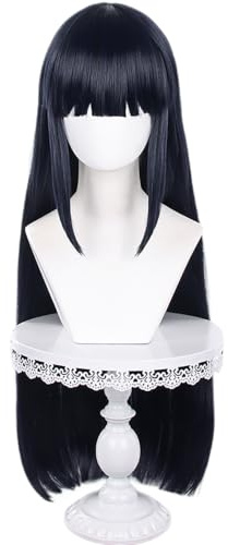 Frauen Blau Schwarz Lange Synthetik mit Bangs Haar für Halloween Comic | mit Bangs Straight Coslay Perücke Hitzebeständige Haare Comic Con Cos Anime Rolle Ersatz Perücken