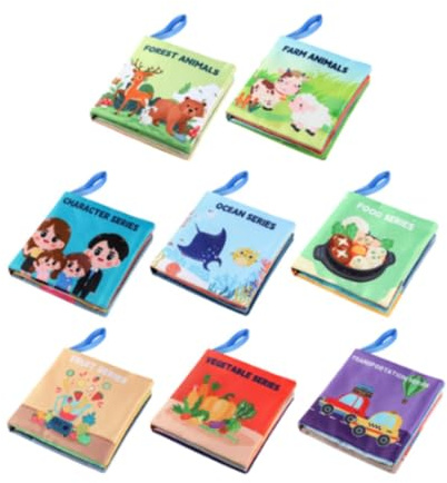 TTETTZ Set di 8 Libri in Tessuto per Neonati, Giocattolo Educativo Portatile con Pagine Fruscianti, Giocattoli Sensoriali per Bambini Da 0 a 12 Mesi, come descritto, Dimensioni: