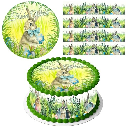 Ostern Essbare Tortendeko, 20cm Ostern Tortenaufleger Essbar mit Ostern Tortenband Essbar, Torten Deko Ostern, Kuchen Deko Ostern, Backzubehör Ostern, zum Dekorieren von Kuchen