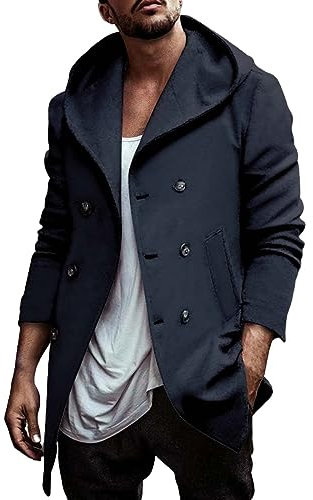 Trench-coat long à capuche pour homme avec poches - Manteau fin - Coupe ample - Style décontracté - Double boutonnage - Confortable - Doux - Veste d'été légère, bleu marine, S