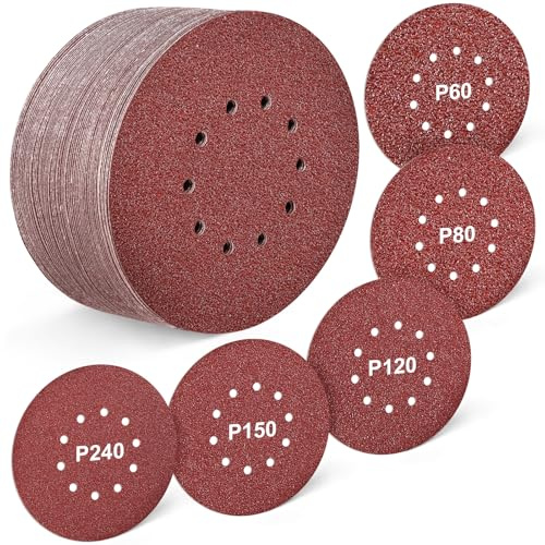 WEWINK PLUS 50 Pièces Disque Abrasif 225 mm 10 Trous pour Ponceuse Girafe - Auto-Agrippants Assortiment de Grains P60-240 Papier Abrasif de Verre pour Cloisons Sèches, Plâtre, Enduit et Bois