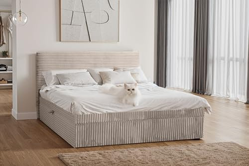 Kaiser Möbel - Bett 180x200 cm, Boxspringbett mit Bettkasten und Topper, Cord Schlafzimmerbett, Doppelbett mit Stauraum und Gepolstertes Kopfteil, Toppermatratze aus Viscoschaum - Trento - Beige