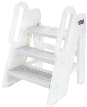 Funecho Tritthocker für Kinder, 2/3-stufig höhenverstellbar mit Griffen & rutschfesten Stufen. Leichtes Kunststoffdesign für Badezimmer, Küche & Sicherheitshilfe (Grau)
