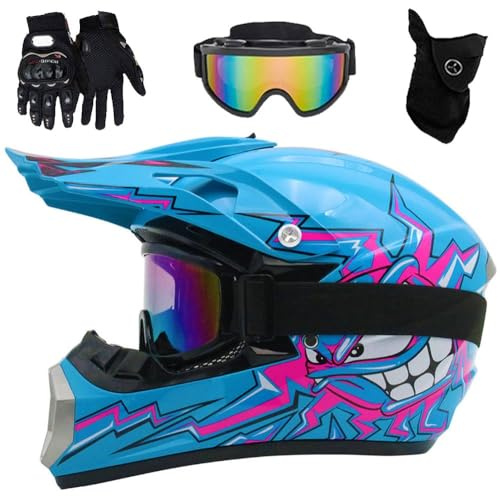 Cascos de Motocross para JóVenes Y NiñOs, Casco de Motocross para Adultos con Gafas, Guantes Y MáScara, para NiñOs Y NiñAs de 5 A 14 AñOs, Cuatrimoto, Aprobado por El Dot(A Blue Day,S(52-53cm))