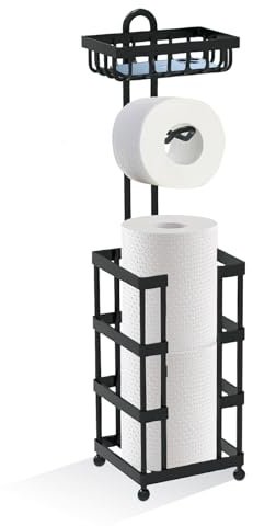 Topsky Black Toilet Roll Holder Free Standing, Tissue Holder Bathroom with Shelf - Holds 4-5 Jumbo Rolls, Phones & Wet Wipes, Chrome Paper Holder for Bathroom, Living Room, Kitchen