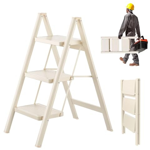 Trittleiter 3 Stufen Klappbar, Leiter aus Stahl, rutschfeste Gummimatten, Verbreiterte Stufen, Belastbar bis 150KG, Tragbar für Haushalt, Büro, Garage und Küche,Creme