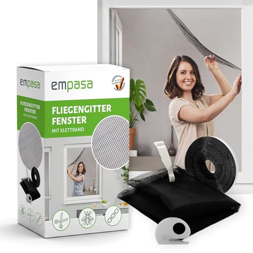 empasa Fliegengitter für Fenster mit Klettband, kürzbarer Insektenschutz XL | Farbe: Klettband schwarz, Größe: 130 x 220 cm
