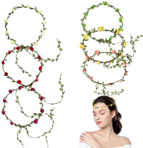ZORVYN Lot de 6 Couronnes de Fleurs Style Bohème avec Feuilles, pour Femmes et Filles, Accessoire de Mariage, Communion, Anniversaire