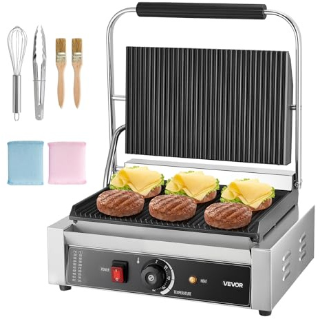 VEVOR Commercial Panini Grill, 1800W Electric Sandwich Panini Maker, Stainless Steel Sandwichs Press with Handle and Temp Control, 13.5x9.3 in Full Grooved Enamel Plate, for Hamburger Steak Bacon