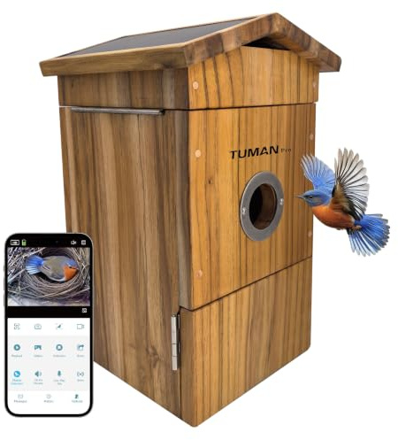 TUMAN Pro Smart Solar Powered WiFi Kamera Vogelhaus AI Vogelhaus | App-Steuerung, Vogelhaus aus Teakholz, Nisten in Echtzeit, IP65 wasserdichtes Vogelhaus aus Teakholz