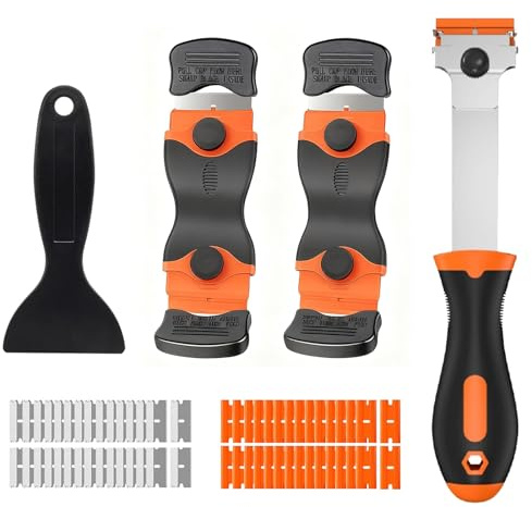 WYCWYQDR Kochfeldschaber 4 Set - Stabiler Reinigungsschaber mit 60 Ersatz-Klingen， für Backofen，Glaskeramik，Herd， Orange Glasschaber für Küchenreinigung