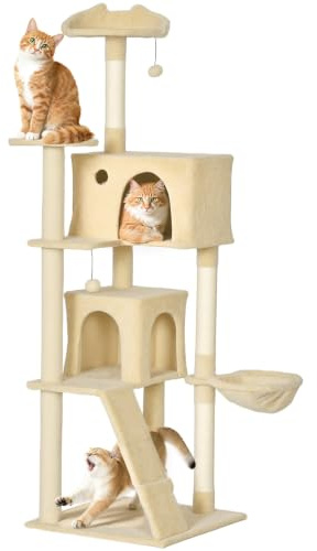 PawHut Árbol Rascador para Gatos, Torre Escalador, 180 cm, Beige