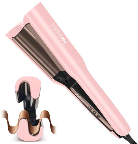 25 mm Hair Waver Crimper, Deep Waver Curling Iron, Dual Voltage | Memory Timer, LCD Display, 4 Heat Settings, Mermaid Waves and Loose Waves, Pink