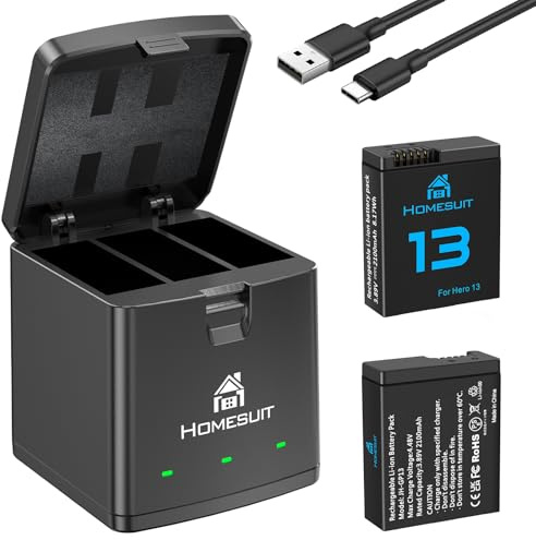 Homesuit Enduro Rechargeable Batteries 2100mAh & 3-Slots Battery Charger for HERO13 Black Replacement Battery Accessory with Type-C (2-Pack)