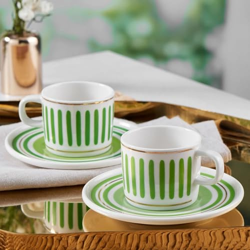NORDIC SCHILLER Mental Kaffee-Set, 4-TLG., 90 ml Porzellantassen mit Untertassen, Weiß mit grünem Dekor & Goldrand, Türkischer Kaffee & Espresso Set