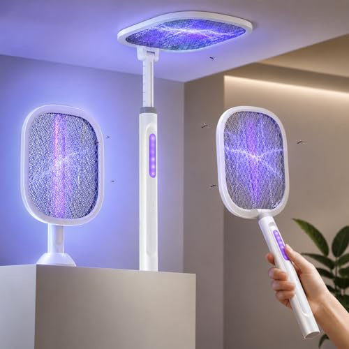 Raqueta Mosquitos Eléctrica Recargable USB-C (Pack de 2), 5000V Matamoscas Eléctrico 2 en 1 con Luz Nocturna, Cabezal Plegable 180° y Mango Telescópico 61-72 cm, 2000mAh, Mata Mosquitos para Interior