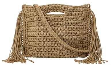 MODELISA - Bolso Bandolera con Flecos Efecto Crochet para Mujer Estilo Bohemio con Asa Superior (Camel)