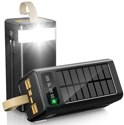Feidyns 80000mAh Solar Battery Charger, 35W Fast Charging Solar Power Bank,Built-in USB-C/Lightning Cables for Camping,Travel,Emergencies,Tech Devices| 9-Port PD/USB-C, LED Flashlight (Black-Cable)