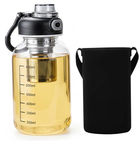 AwnsIMfreien Teeflasche mit Sieb, 1 l Glastrinkflasche – schwarze Borosilikatglasflaschen, herausnehmbares Teesieb, Schutzhülle und sicher verschließbarer Deckel, Tee mit Sieb