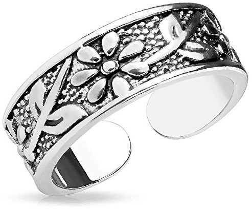 Bungsa Zehenring Blumen & Schwert Damen Silber Brass (Zehring Fussschmuck Fussring Toe-Ring Nail Ring Nagelring biegbar Verstellbar)