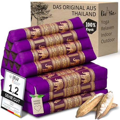 livasia Thaikissen 3 Auflagen Thaiseide - 175x55x8cm - Dreieckskissen mit Klappmatratze, Rückenkissen faltbar, Thaimatte zum Klappen, Kapok handgefertigt, Meditationskissen (Lila/Elefanten Seide)