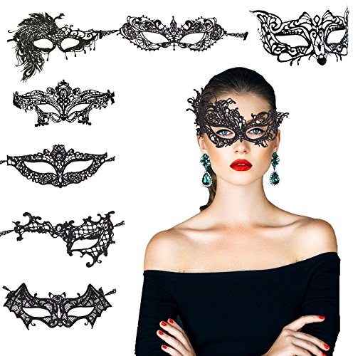 KAKOO 8 Modell Venezianische Maske Sexy Damen Spitze Augenmaske Gothic Maskerade Gesichtsmasken für Maskenball Kostüm Karneval Party Schwarz