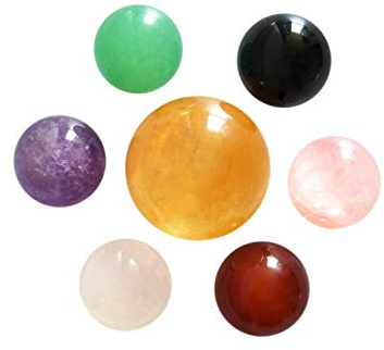7er Set Natürliche Kristallkugeln aus gelbem Calcit, schwarzem Obsidian, Rosenquarz, klarer Quarz, grüner Aventurin, Amethyst & roter Achat Kugeln, für Chakra-Steine und Fengshui