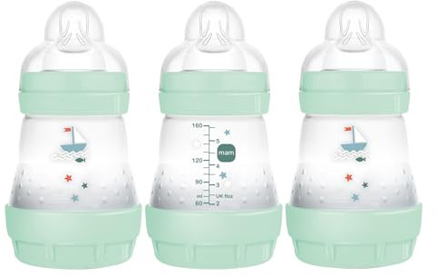 MAM Easy Start Anti-Colic Bottle 5 oz (3-Count), Baby Essentials, Slow Flow Bottles with Silicone Nipple, Baby Bottles for Baby Boy, Blue