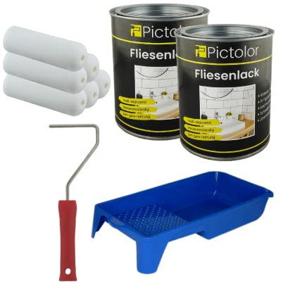 2x Pictolor Fliesenlack 0,75 Liter weiß + Farbroller + Farbwanne + 6x Walze