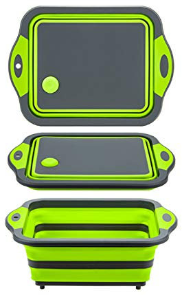 YZWDTGS Collapsible Cutting Board with Colander, Foldable Multi-function Kitchen Plastic Silicone Dish Tub, Fruits Vegetables Wash and Drain Sink Storage Basket (Green)