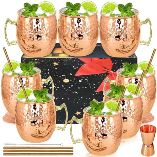 Moscow Mule - Juego de 8 tazas de cobre de 18 onzas a granel grandes de cobre martillado con asa, 1 medidor doble de 0.5 onzas, 8 pajitas de acero inoxidable para bebidas frías y cócteles