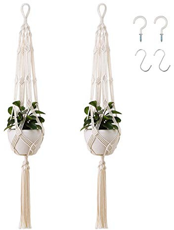 Emsmil 2Pcs Maceteros Colgante Macrame de Interior y Exterior con Ganchos Colgar 105cm Canasta Colgador para Plantas Macetas de Planta Suspensión de Pared de Techo para Jardín Hogar Blanco Crema