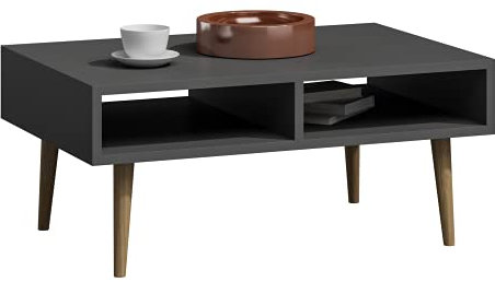 MATKAM Couchtish Isla H46 x B100 x 50 cm, in Retrooptik, 2 offene Ablagefächer, konischen Beine (Anthrazit)