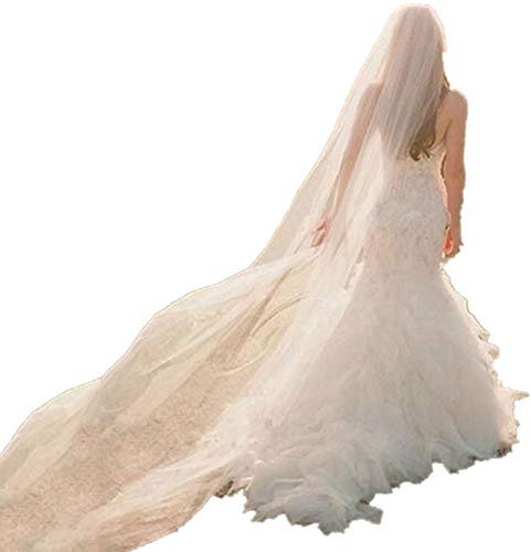 Langer Hochzeitskapellen-Bodenschleier Weiß/Elfenbein Brautschleier schöner weicher Tüll elegant mit Schnittkante Kathedralenzubehör Kopfbedeckungen mit Kamm, 3 x 1,5 m,Elfenbein,3M