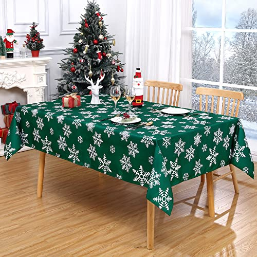 CAROMIO Weihnachts Tischdecke, 137x228cm Wasserabweisende Oxford Stoff Tischdecken Abwaschbar Klassisch Tischtuch mit Schneeflocken Tischwäsche für Party Heimtextilien, Grün