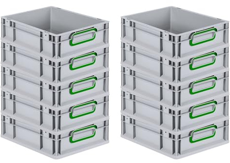 PROREGAL SuperSparSet 10x Eurobox NextGen Color | HxBxT 12x30x40cm | 11 Liter | Griffe grün geschlossen | Glatter Boden | Eurobehälter, Transportbox, Transportbehälter, Stapelbehälter