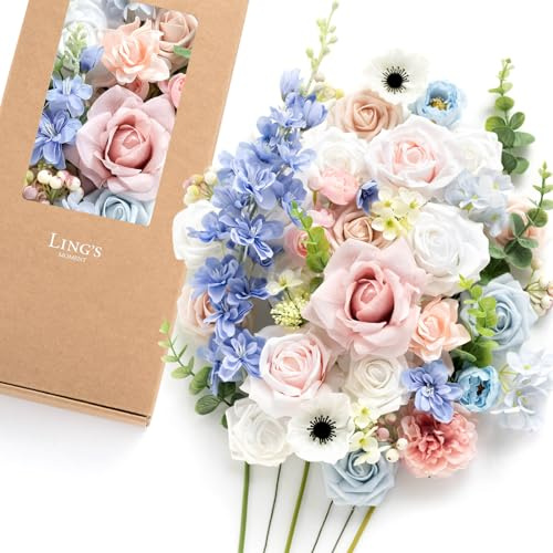 Ling's moment Fake Flowers Box, Faux Artificial Greenery Stems Foam Roses Poppy Gardenia Silk Hydrangea Peony Fabic Flower for Centerpieces Bouquet Wedding Floral Vase, English Pastel, Deluxe Combo