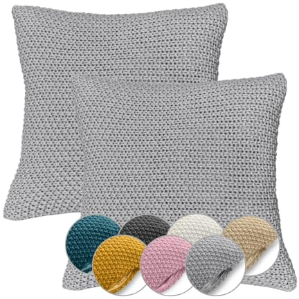 wometo 2er Set Kissenbezug Strick 45x45 Oeko-TEX Reißverschluss grau | Sofakissen Dekokissen warme weiche Kissenhülle mit edlem und schlichtem Strickmuster, im praktischen Doppelpack