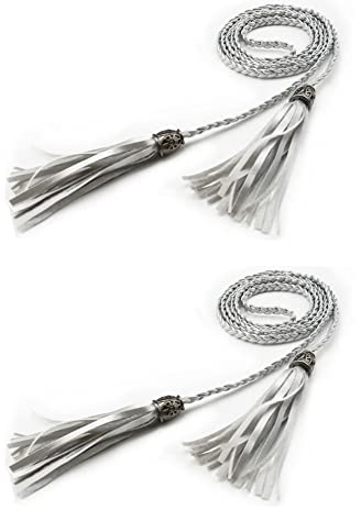 SHTGOI 2 Stück Damen Leder Dünner Taillengürtel Geflochtener Gürtel Einfarbig Quasten Kettengürtel mit Perlen Damengürtel Bindegürtel Dünne Taille Band für Rock Kleid 160cm Silber