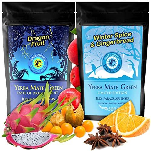 Yerba Mate-Tee FRUIT Set 2x500g ● Mate Tee Dragon Fruit mit Pitaja Frucht 500g ● Mate-Tee Winter Spice mit Ingwer, Apfel und Anis 500g ● Brasilian Mate-Tee mit Fruchte und Krauters loose leaf 1kg