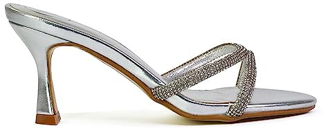 Womens Slip On Mule Heeled Sandals Ladies Stiletto Strappy Diamante Party Silver Shoes Size 3