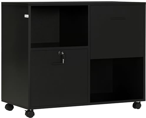 Vinsetto Cajonera de Oficina con 2 Cajones para Documentos y Estantes Abiertos de Aglomerado, Tiradores de Acero, Ruedas con Bloqueo, 80x40x66cm, Negro