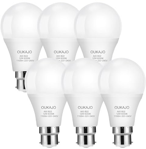 OUKAJO Bayonet Light Bulb 100w Equivalent, B22 LED Bulb 12W, Cool White 6000K,1100 Lumen, Super Bright,A60 BC GLS Energy Saving Light Bulb, Non Dimmable, 6 Pack