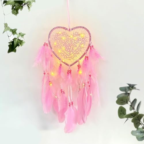 JZK Lace heart dream catcher with lights for girls women birthday, pink feather dream catcher with LED lights for baby kids bedroom decoration, wall hanging ornament, wedding gift