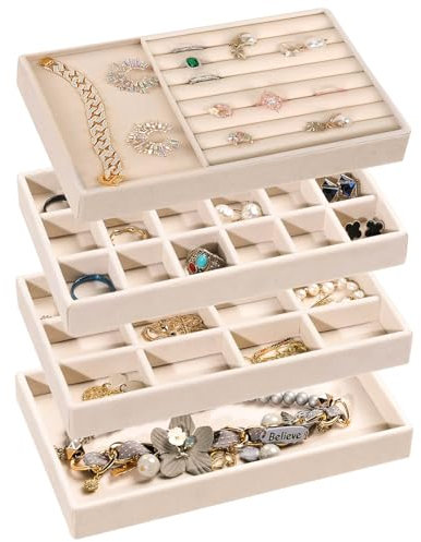 HIKPACKER Schmuck Tablett Samt Stapelbar 4er Schmuck Organizer Schublade Abnehmbar Schmuckaufbewahrung Schublad Schmuckeinsatz für Schubladen für Halsketten, Armbänder, Ohrringe, Ringe, Uhren(Beige)