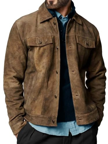 Premium Vintage Trucker Suede Leather Jacket Men Genuine Lambskin Men Leather Jackets Shirt Collar Jackets For Mens (US, Alpha, XX-Large, Regular, Regular, Khaki Suede Leather)