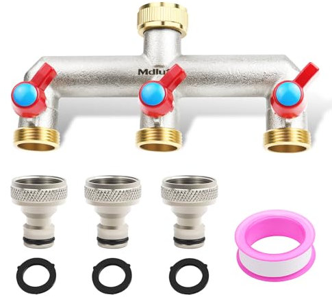 Mdlufee 3/4 Inch Messing Hahn Splitter 3 Way, 3 Quick Connector, Schlauchhahn Splitter Anschluss mit 2 Einzelventilen für Garten Küche Wasserhahn, Waschmaschine Schlauch Anschluss