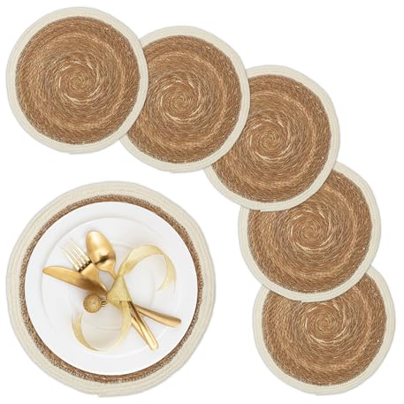 Relaxdays Tischset, 6er Set, geflochtenes Design, Wasserhyazinthe, rundes Platzset, Ø 36 cm, Teller, Deko, Natur/weiß