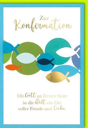Verlag Dominique Konfirmationsglückwunschkarte Fische - Christlich, Grün & Gold, Inspirierende Botschaft über Glauben und Freude - mit Umschlag