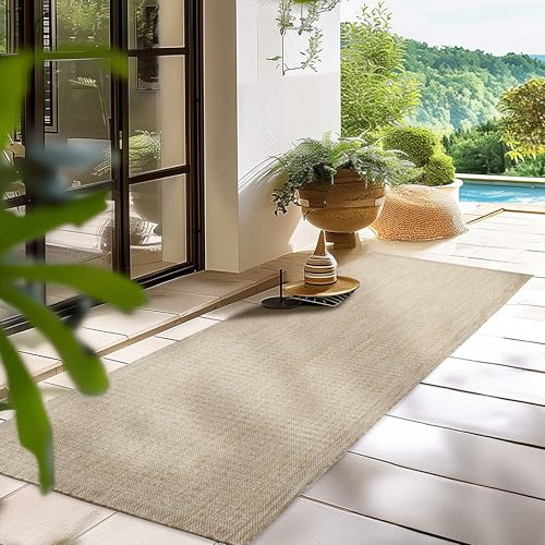 HomebyHome In- & Outdoor Teppich Wetterfest 80 x 150 cm Läufer Beige - Flur Waschbar, Wasserfest, Pflegeleicht und Flachgewebe - Ideal für Balkon, Garten, Terrasse und als Küchenläufer